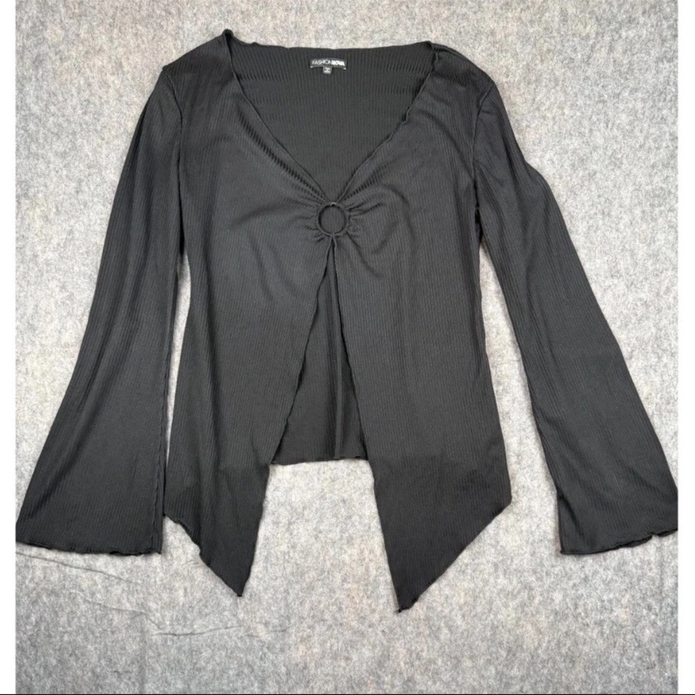 Fashion Nova Top Women's Size 2X Black Ribbed Knit Long Sleeve V-Neck Open Front